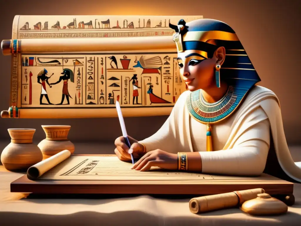 Un antiguo escriba egipcio, detalladamente representado, inscribe meticulosamente jeroglíficos en un pergamino de papiro