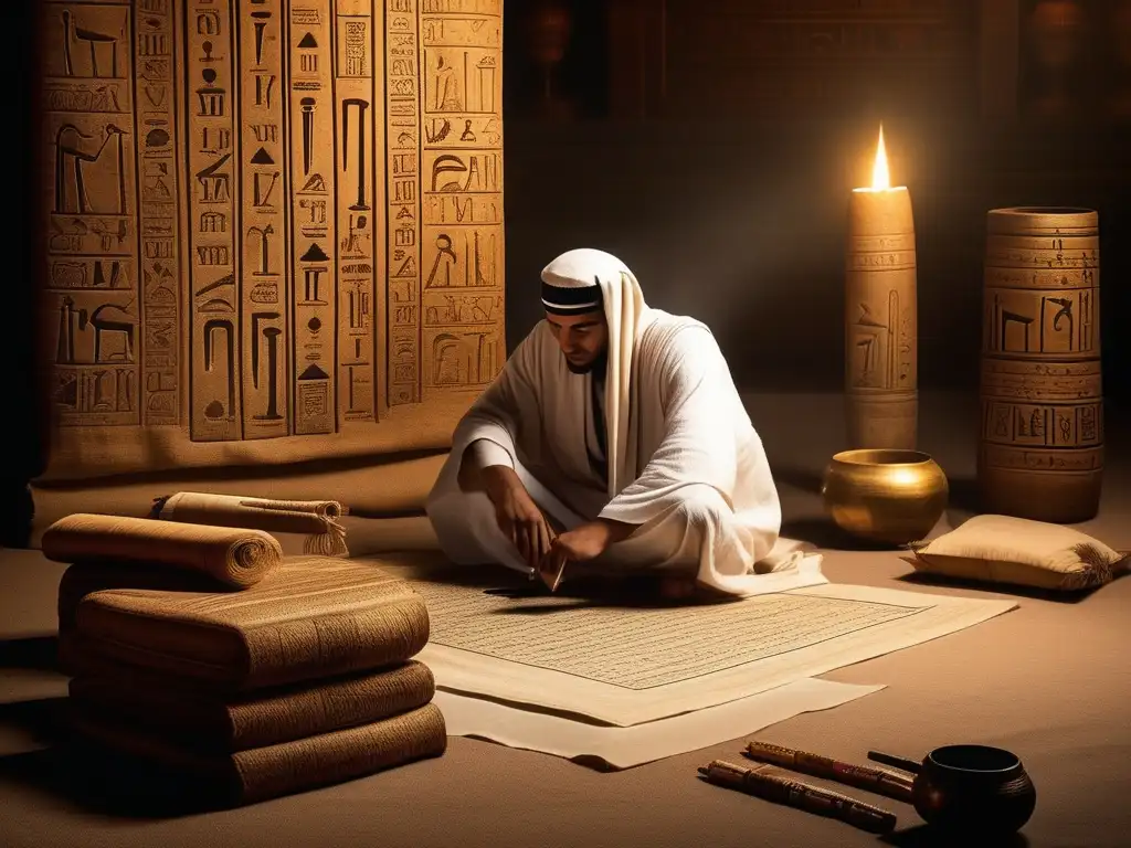 Un antiguo escriba egipcio se encuentra rodeado de papiros y utensilios de escritura en una habitación con luz tenue