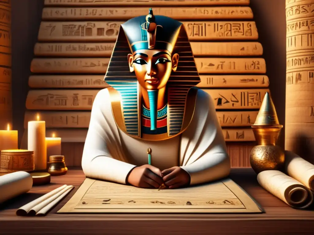 Un antiguo escriba egipcio, rodeado de papiros y herramientas de escritura, se concentra en su tarea
