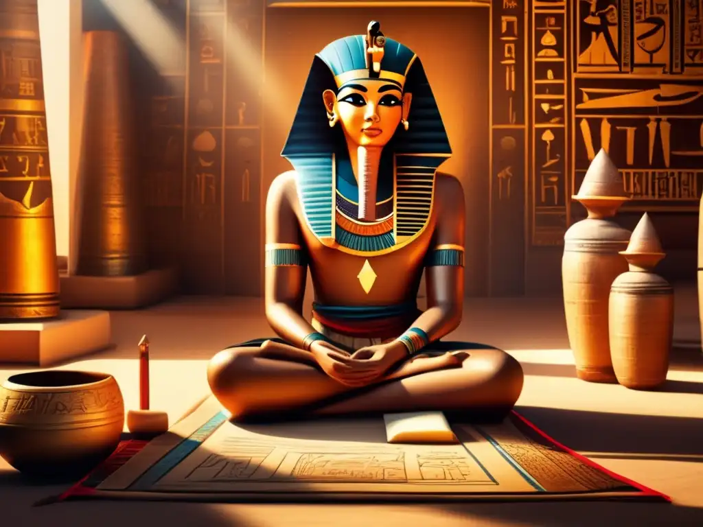 Un antiguo escriba egipcio, rodeado de papiros y utensilios de escritura, en una habitación iluminada por rayos de sol