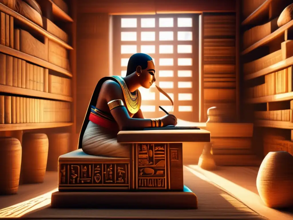 Un antiguo escriba egipcio, rodeado de papiros y utensilios de escritura, trabaja en una habitación tenue
