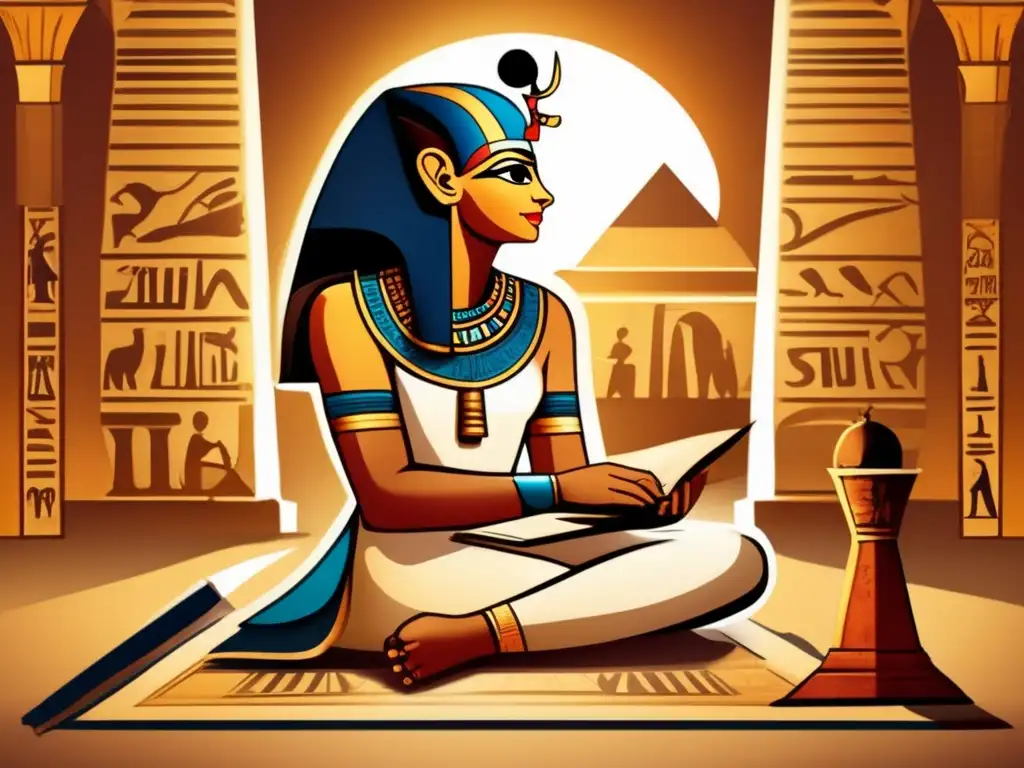 Un antiguo escriba egipcio, rodeado de papiros y herramientas de escritura, en un ambiente cálido y lleno de historia