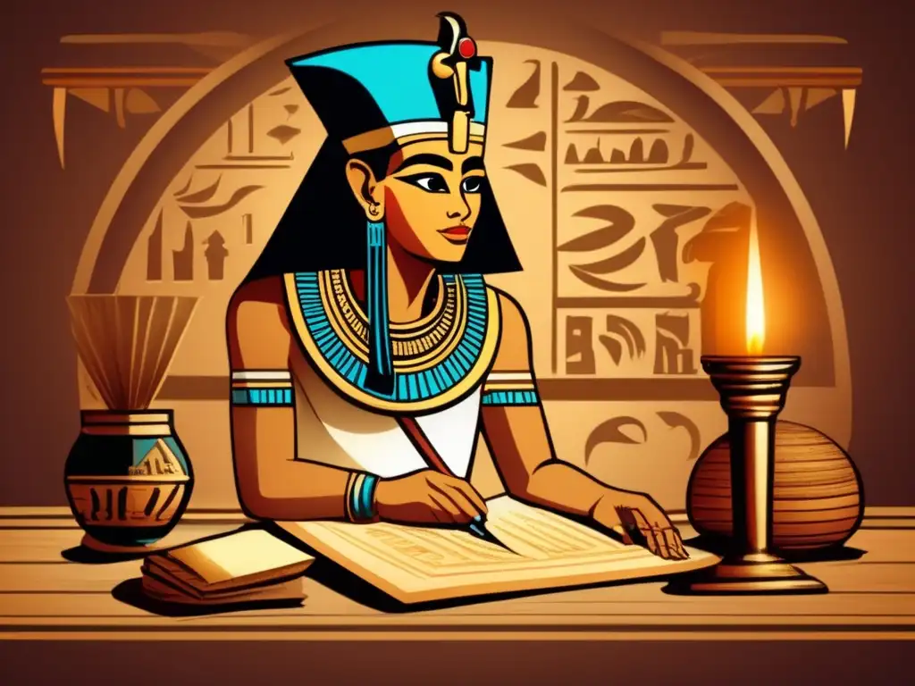 Un antiguo escriba egipcio, rodeado de papiros y utensilios de escritura, iluminado por una vela mientras inscribe jeroglíficos