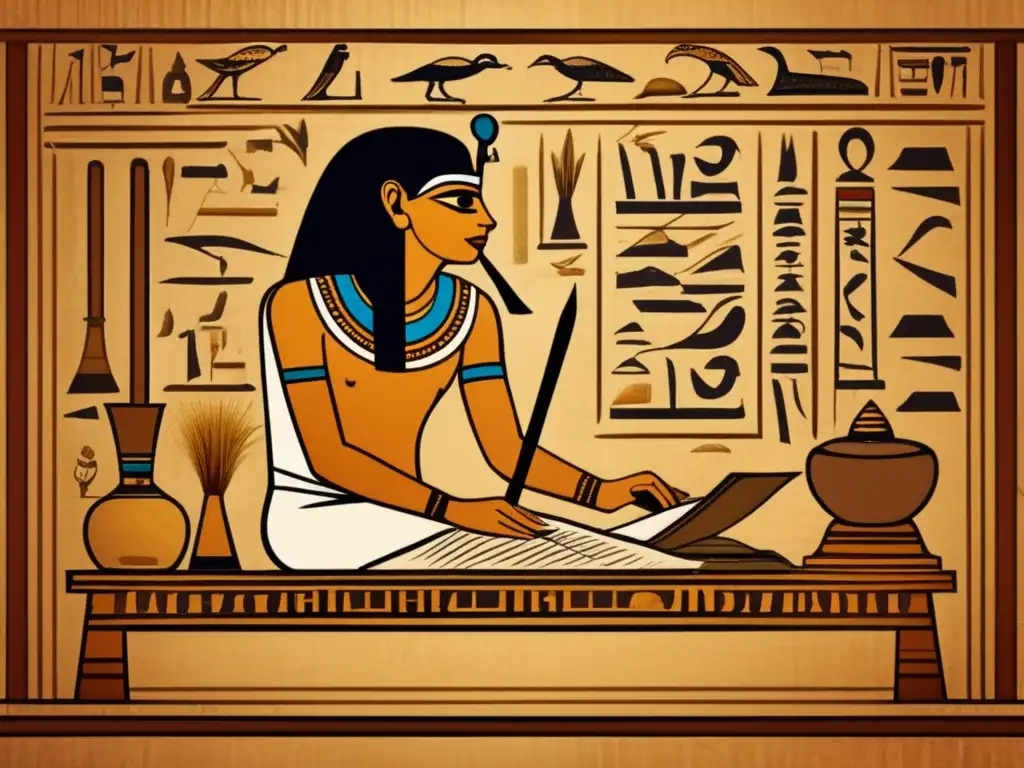 Un antiguo escriba egipcio, rodeado de papiros y plumas, transcribe jeroglíficos en una sala iluminada por velas