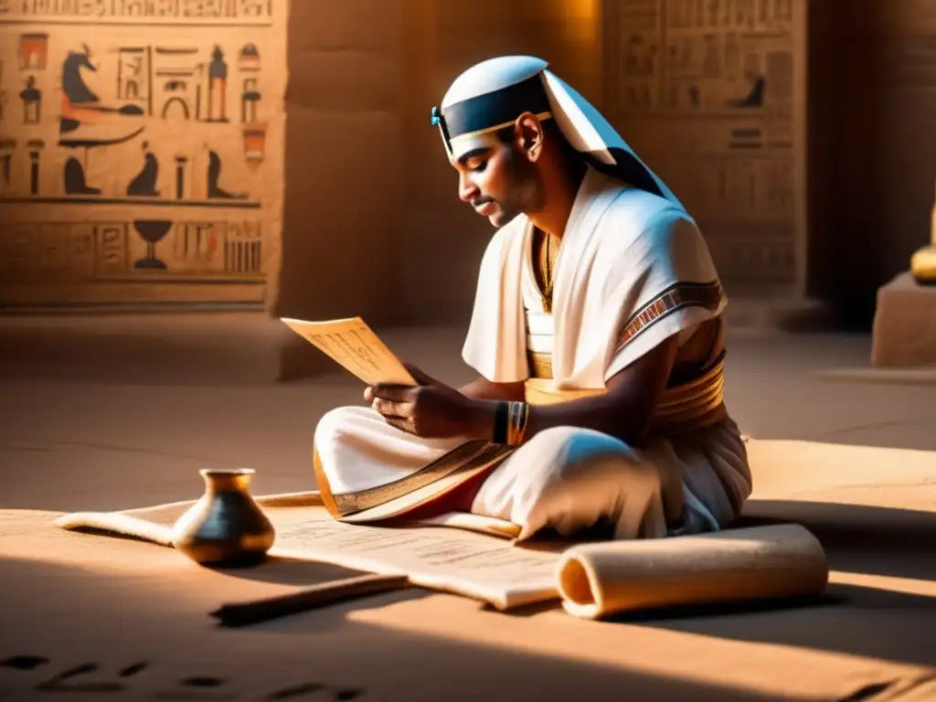 Un antiguo escriba egipcio, rodeado de papiros y herramientas de escritura, iluminado por la suave luz del sol