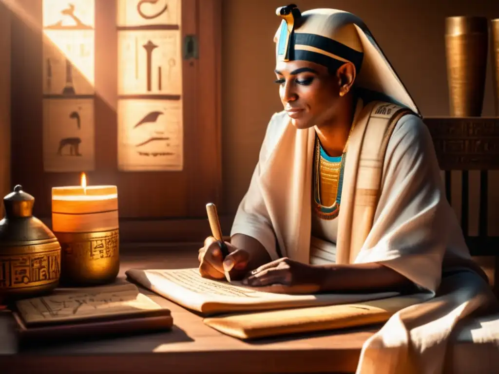 Un antiguo escriba egipcio, rodeado de papiros y herramientas de escritura, registra información en un ambiente íntimo