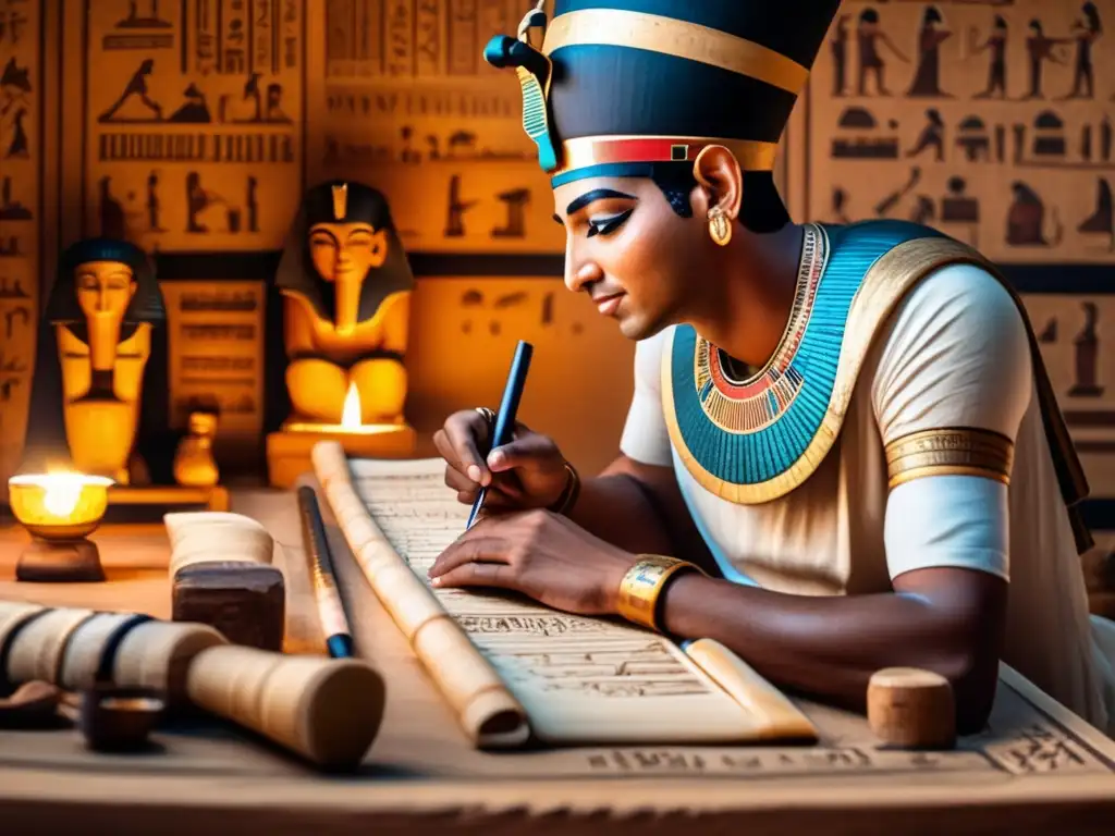 Un antiguo escriba egipcio, rodeado de pergaminos y herramientas de escritura, inscribe cuidadosamente jeroglíficos en un pergamino