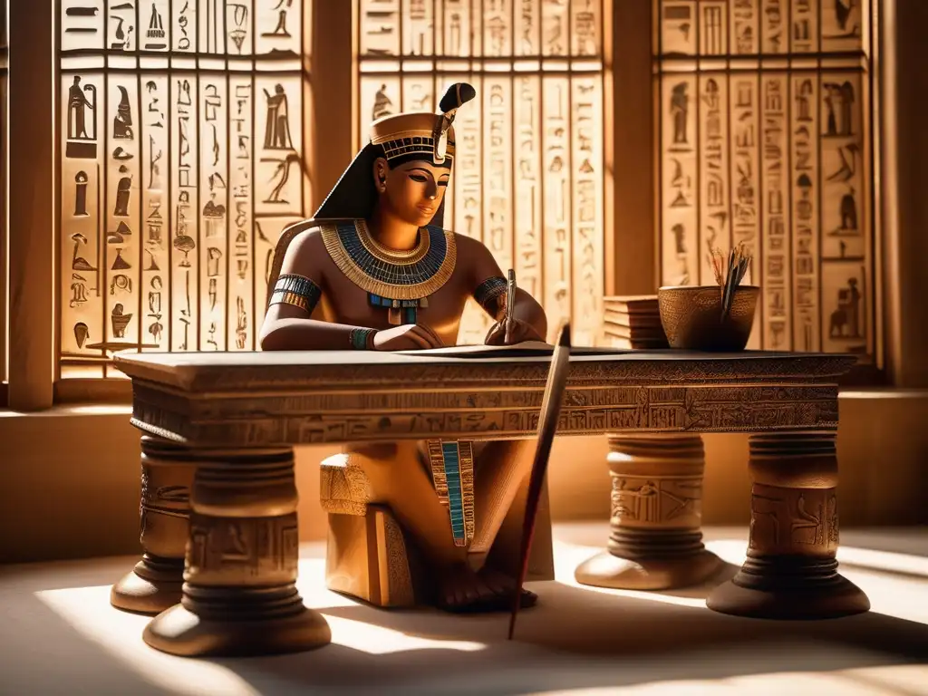 Un antiguo escriba egipcio, rodeado de pergaminos y útiles de escritura, muestra la evolución de la escritura en el antiguo Egipto