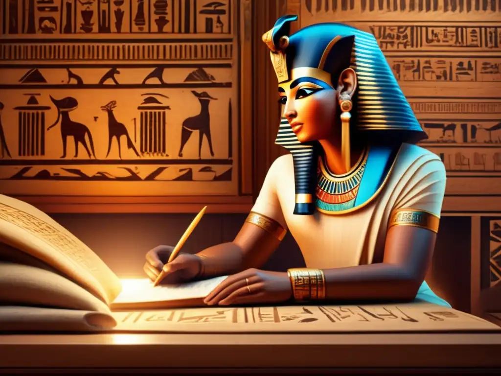 Un antiguo escriba egipcio, rodeado de rollos de papiro, escribe jeroglíficos con una pluma de ave en un escritorio de madera