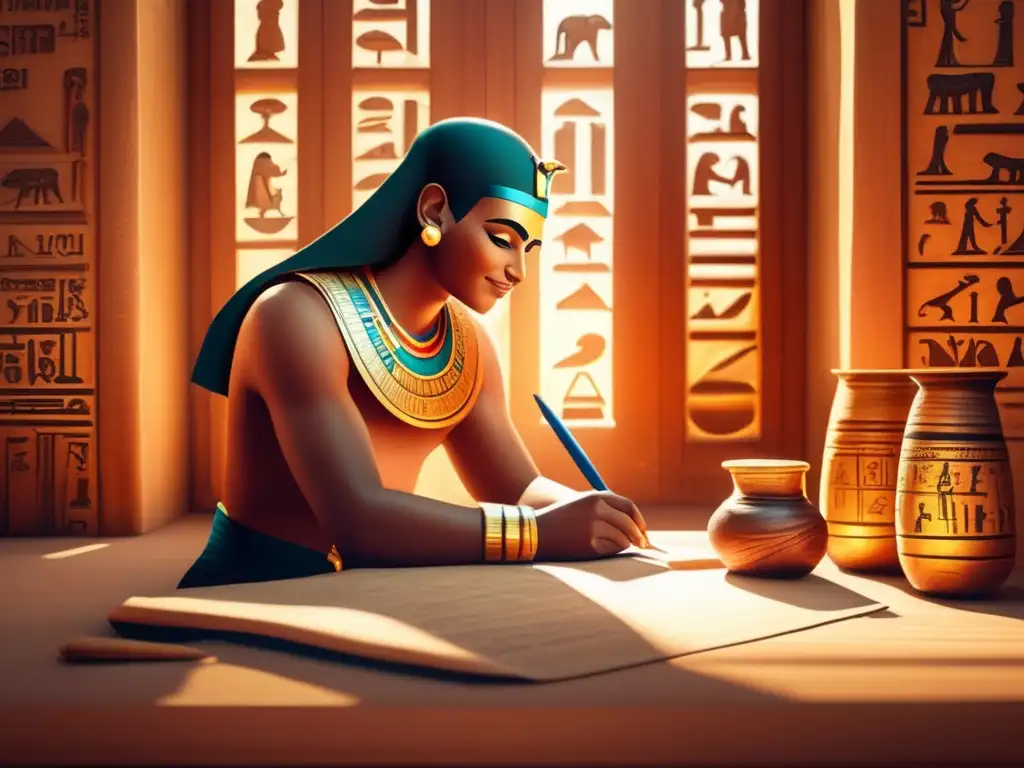 Un antiguo escriba egipcio, rodeado de rollos de papiro y utensilios de escritura, escribe hieroglíficos con una pluma de caña