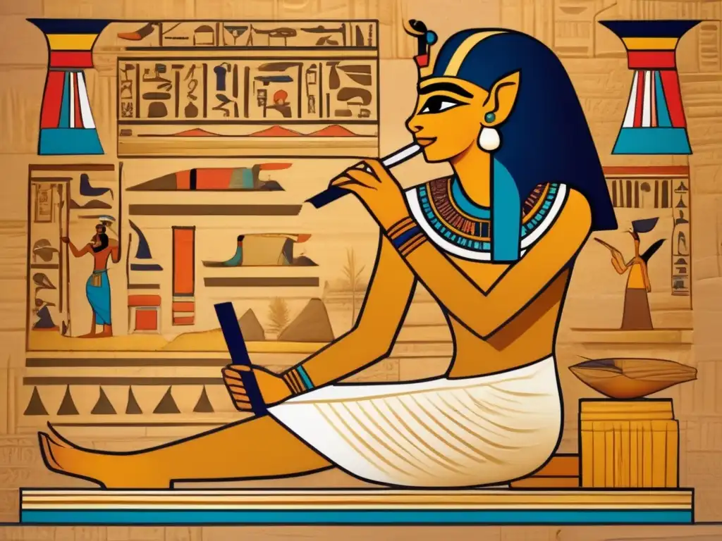 Un antiguo escriba egipcio, sentado en el suelo con una papiro en una mano y una pluma en la otra