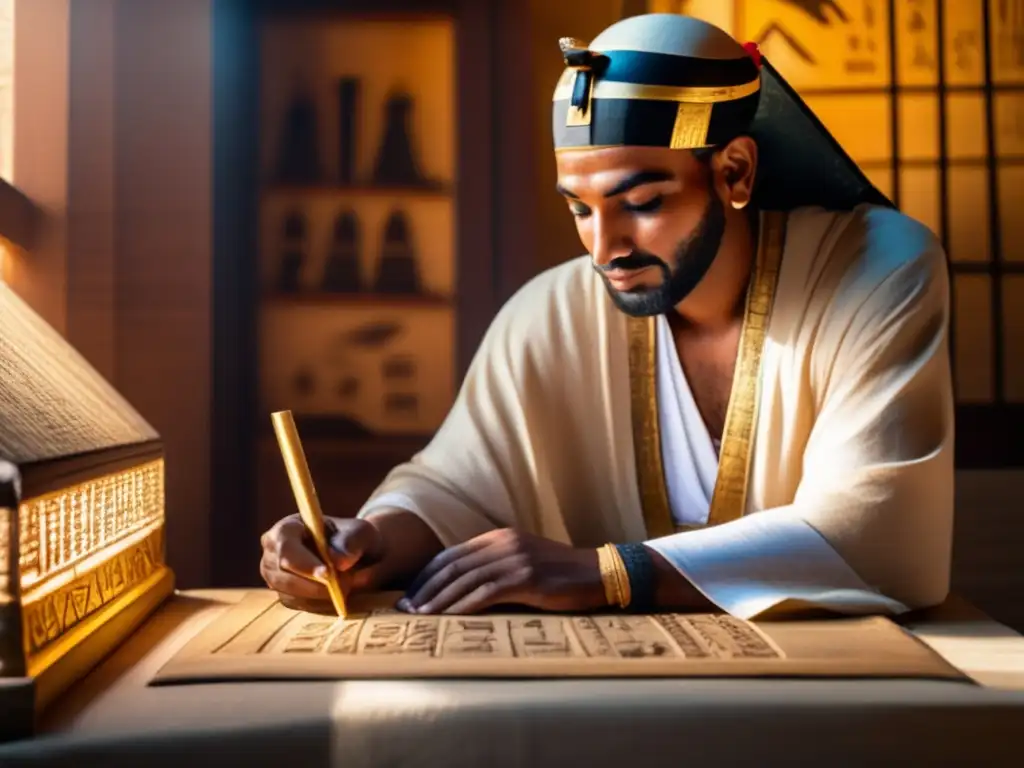 Un antiguo escriba egipcio meticulosamente transcribe símbolos jeroglíficos en un papiro, en una habitación iluminada por una cálida luz solar
