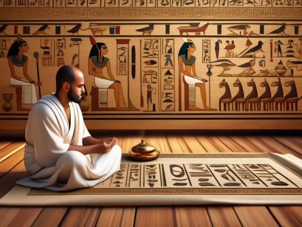 Un antiguo escriba egipcio registra contablemente en un suelo de madera decorado