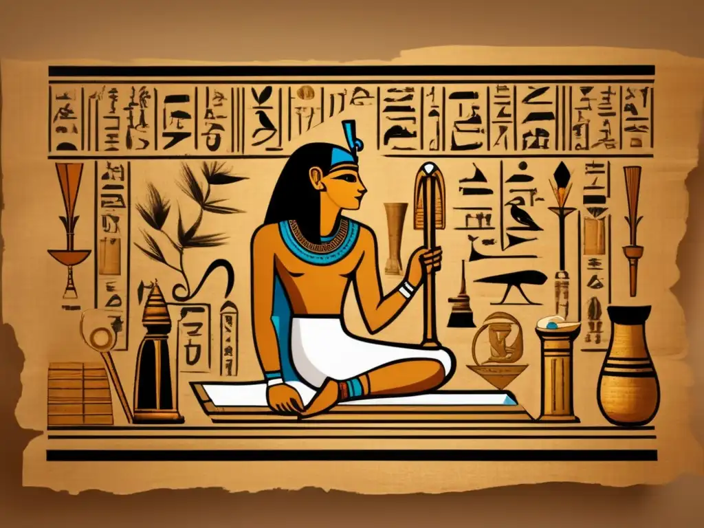 Un antiguo escriba egipcio se concentra mientras documenta tradiciones orales de Egipto rodeado de papiros y utensilios de escritura