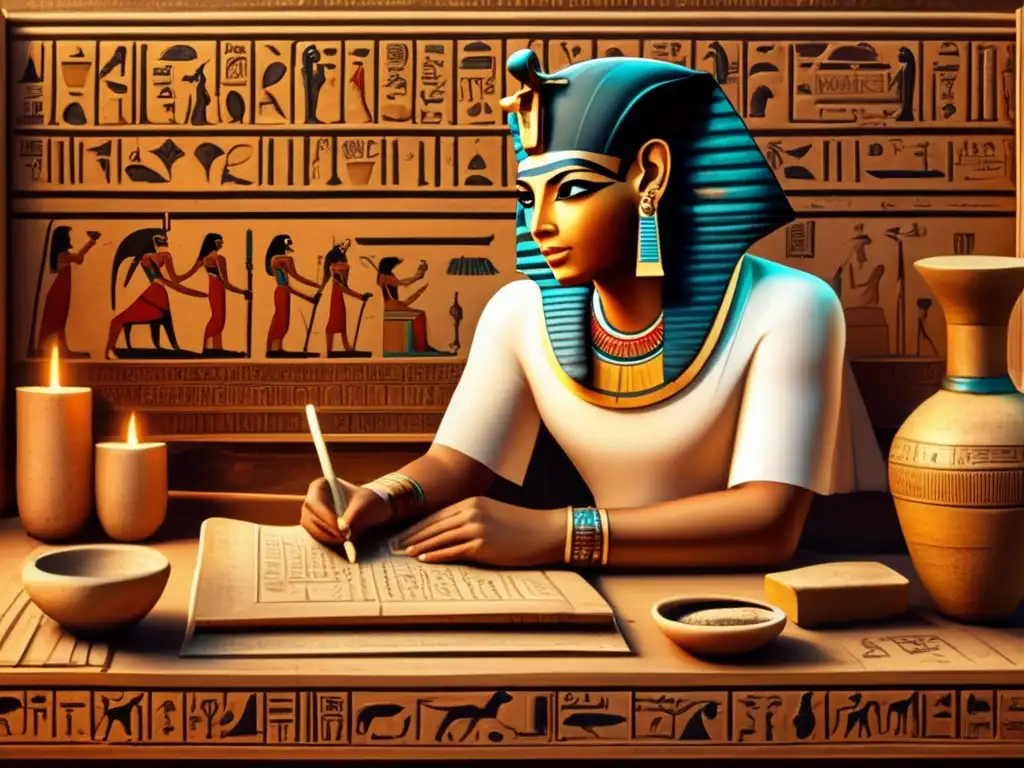 Un antiguo escriba egipcio registra minuciosamente transacciones y cálculos en su mesa de madera, rodeado de papiros y tabletas de arcilla