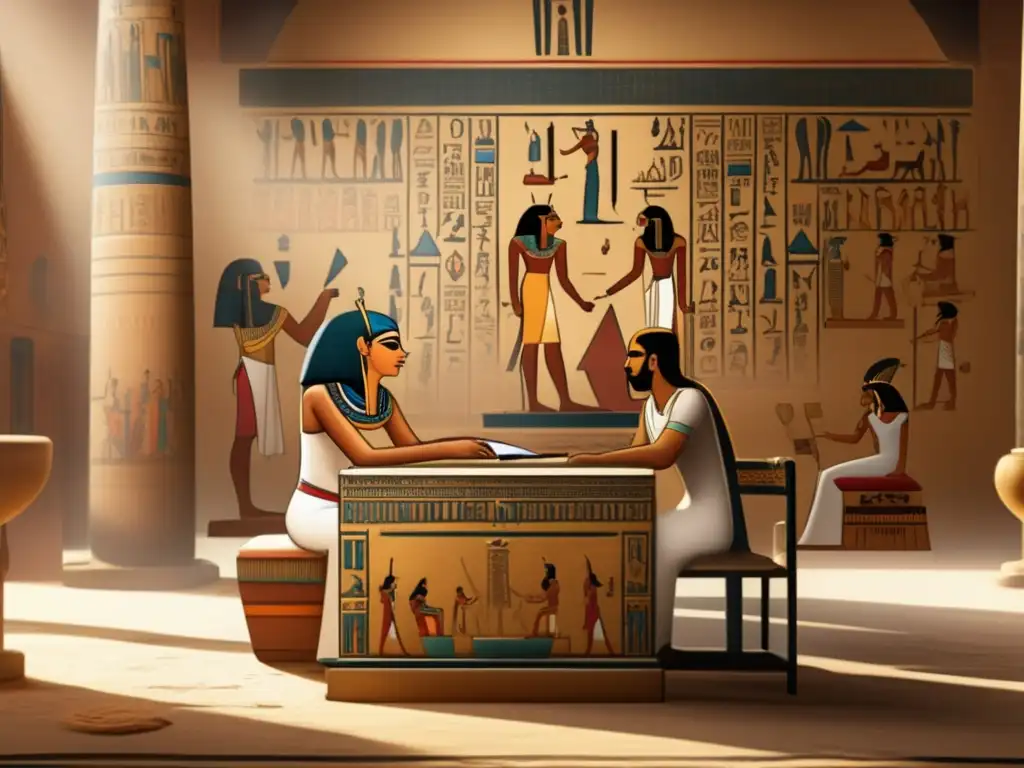 Un antiguo escriba egipcio registra transacciones financieras en papiro