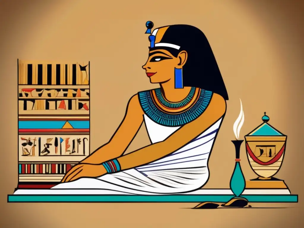 Un antiguo escriba egipcio, vestido de blanco con un chal colorido, se sienta ante una mesa baja cubierta de rollos de papiro