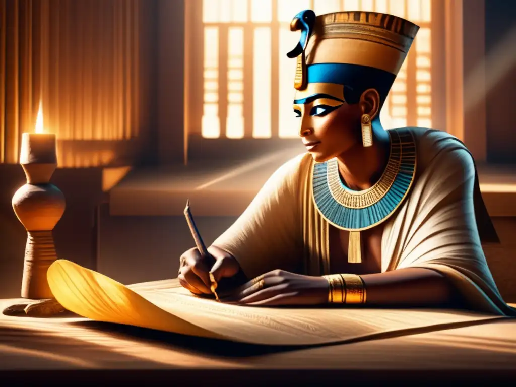 Un antiguo escriba egipcio, vestido con ropas tradicionales y rodeado de pergaminos de papiro en una mesa de madera