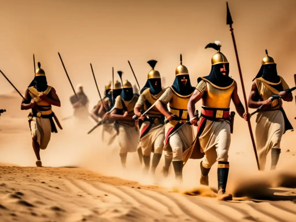 Antiguo entrenamiento de infantería en Egipto: soldados disciplinados en formación, rodeados de desierto y pirámides icónicas