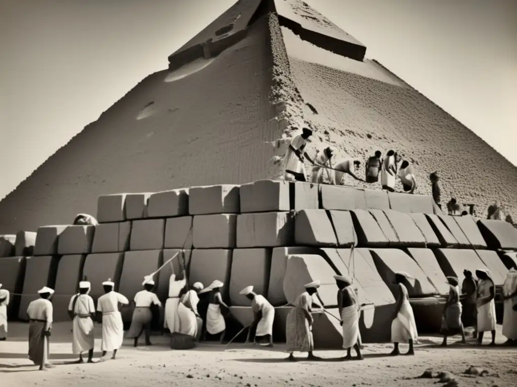 Un antiguo equipo de trabajadores egipcios tallando y colocando bloques de piedra para construir una majestuosa pirámide