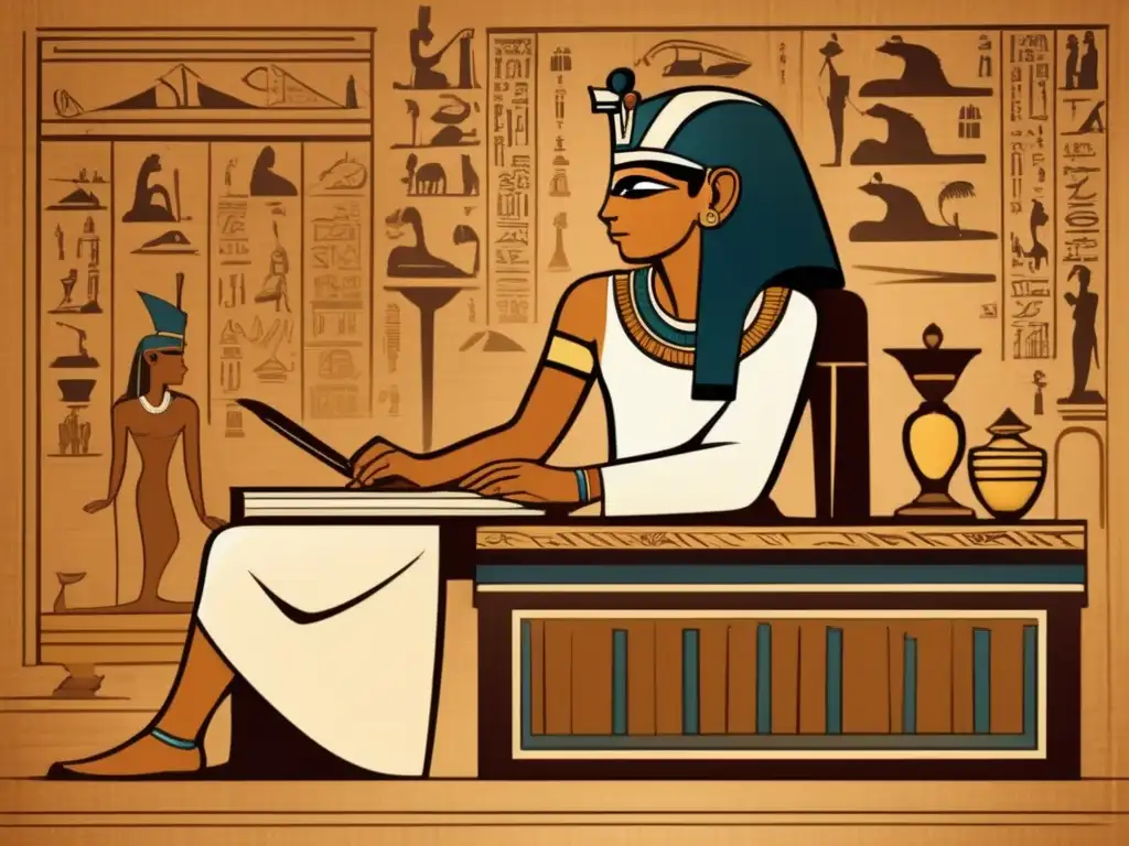 Un antiguo ilustración muestra un escriba egipcio antiguo sentado en un escritorio de madera en una habitación tenue
