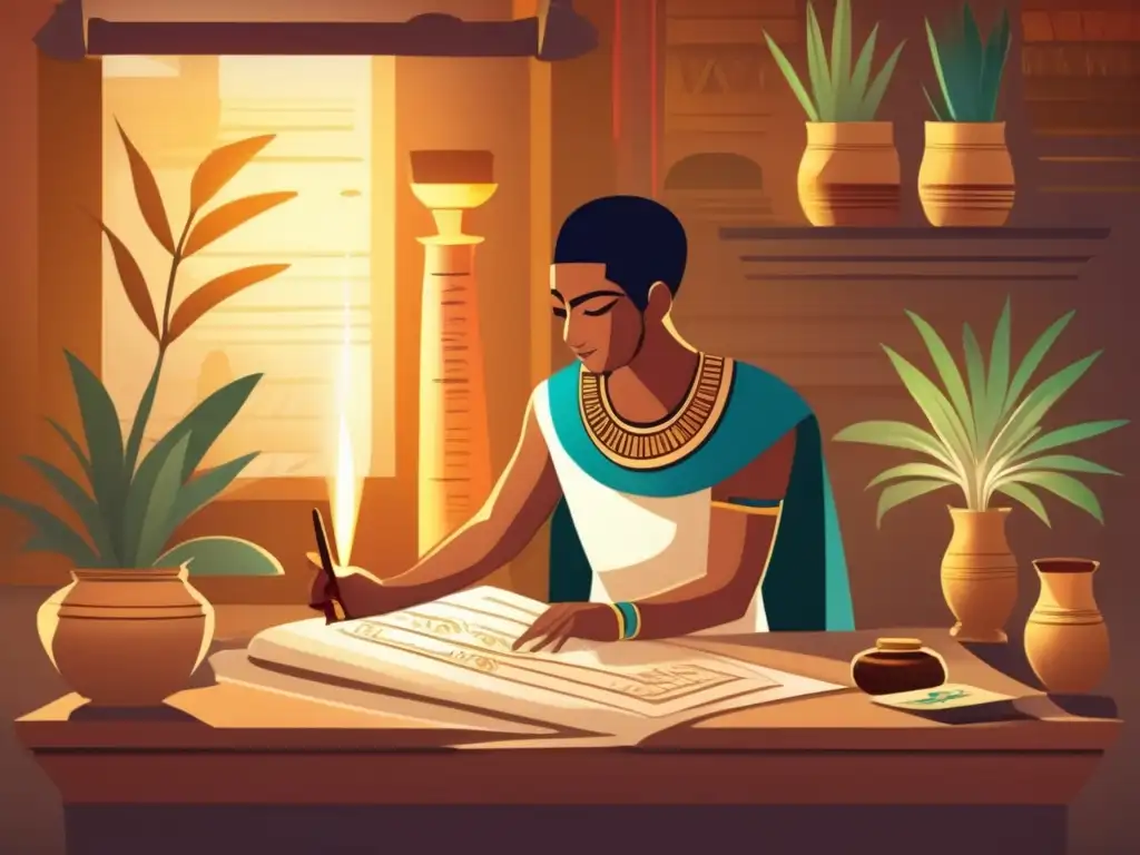 Un antiguo ilustración muestra un escriba egipcio faraónico registrando minuciosamente conocimientos botánicos en un papiro