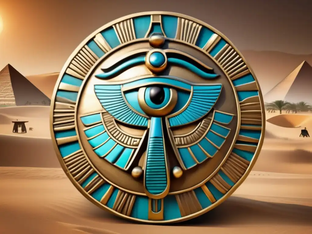 Un antiguo escudo egipcio en guerra, un arte lleno de simbolismos protectores y poderosos, rodeado de hieroglíficos y flores de loto