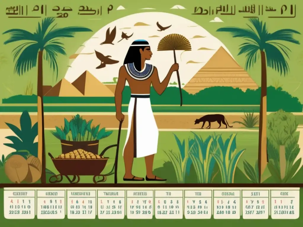 Un antiguo ilustración estilo vintage de un agricultor egipcio en vestimenta tradicional, de pie en un campo verde exuberante con el río Nilo de fondo