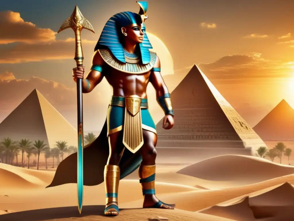 Un antiguo guerrero egipcio en su arsenal, con espada de bronce y escudo adornado, en un paisaje desértico con pirámides y el Nilo al fondo