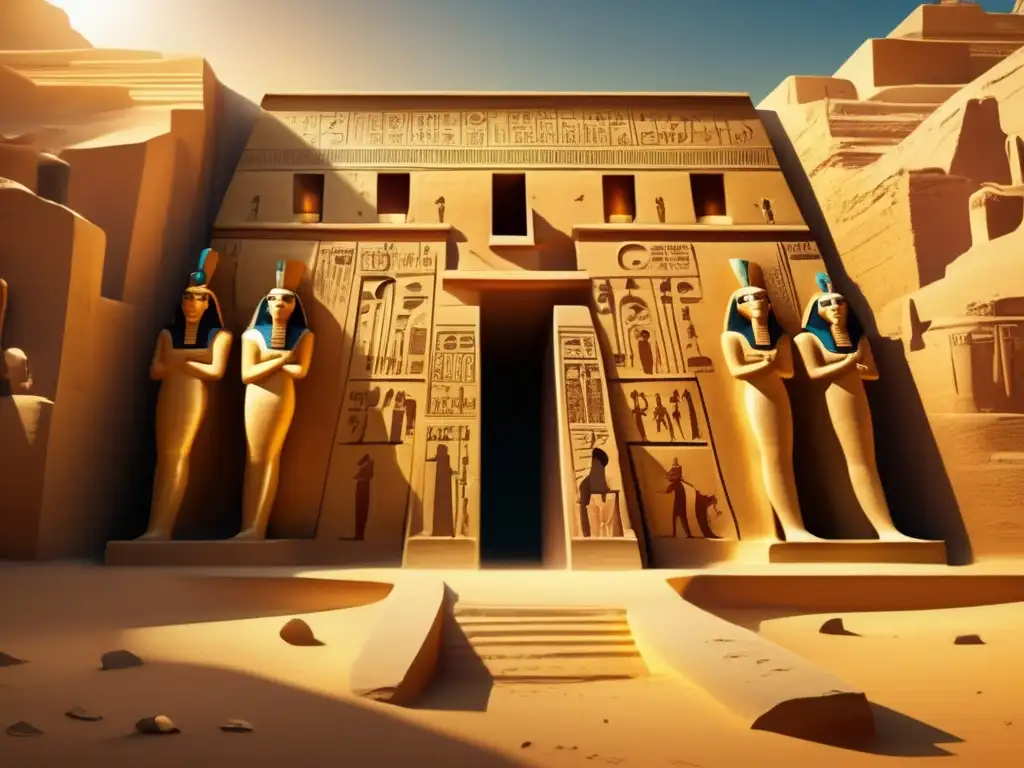 Antiguo hipogeo egipcio bañado en cálida luz dorada, revela secretos arquitectura hipogeos Egipto en un ambiente misterioso y reverente