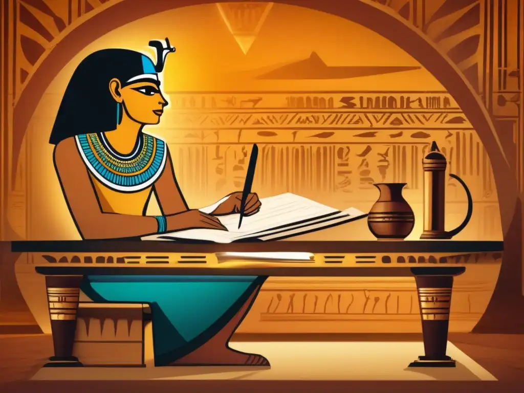 Un antiguo ilustrador egipcio, rodeado de papiros y herramientas de escritura, meticulosamente transcribe las lecciones de moral egipcia de Ptahhotep