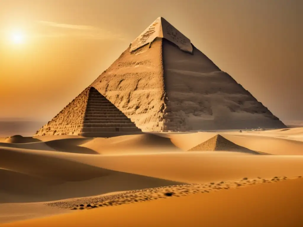 Diseño evolución pirámides Antiguo Egipto: Una imagen detallada de alta resolución muestra la majestuosidad de la Gran Pirámide de Giza en el desierto