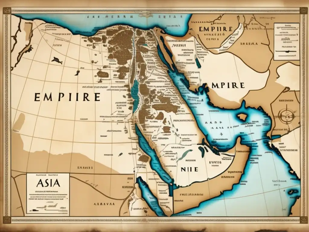 El antiguo Imperio Egipcio muestra su control territorial en un detallado mapa vintage, con tonos sepia y símbolos históricos