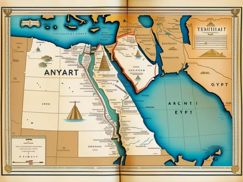 Un antiguo mapa de Egipto muestra su expansión territorial y rutas comerciales, evocando historia y descubrimiento en tonos desgastados