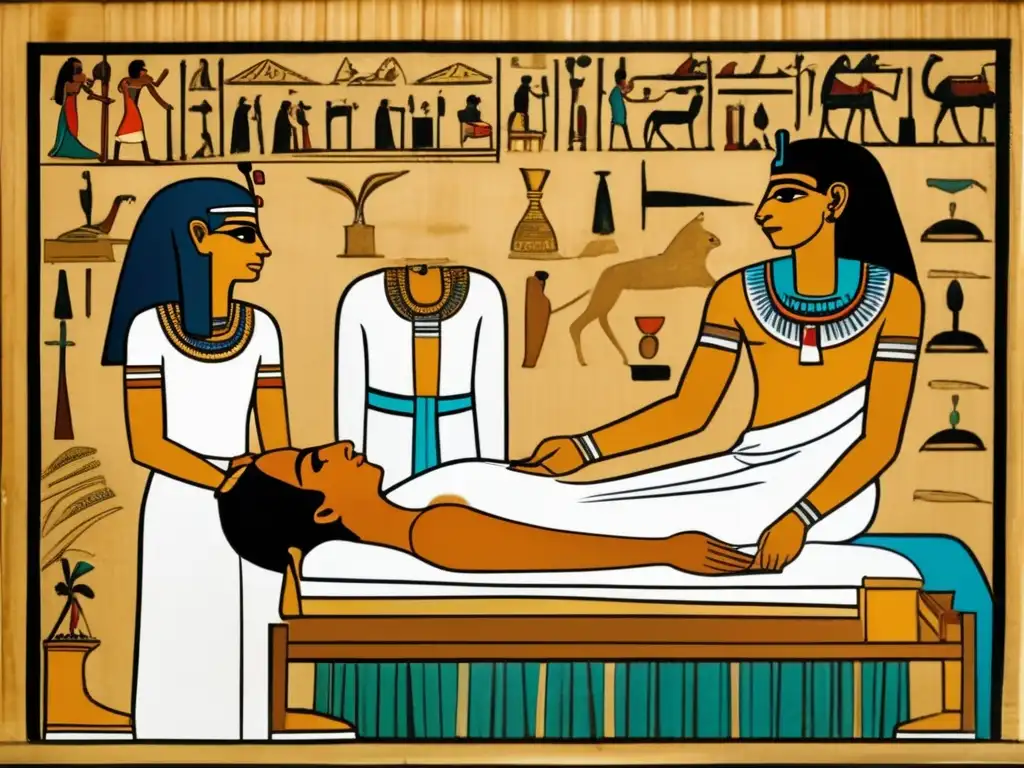 Un antiguo médico egipcio examina a su paciente en una habitación con lámparas de aceite