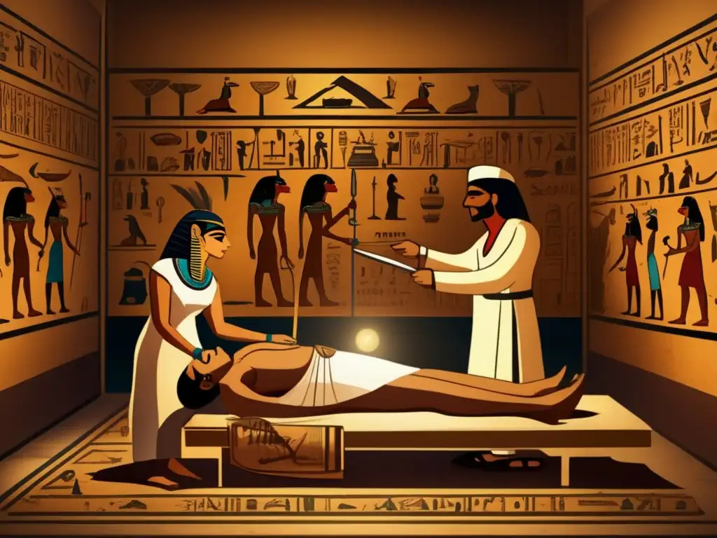 Un antiguo médico egipcio realiza una práctica curativa ancestral en una habitación tenue
