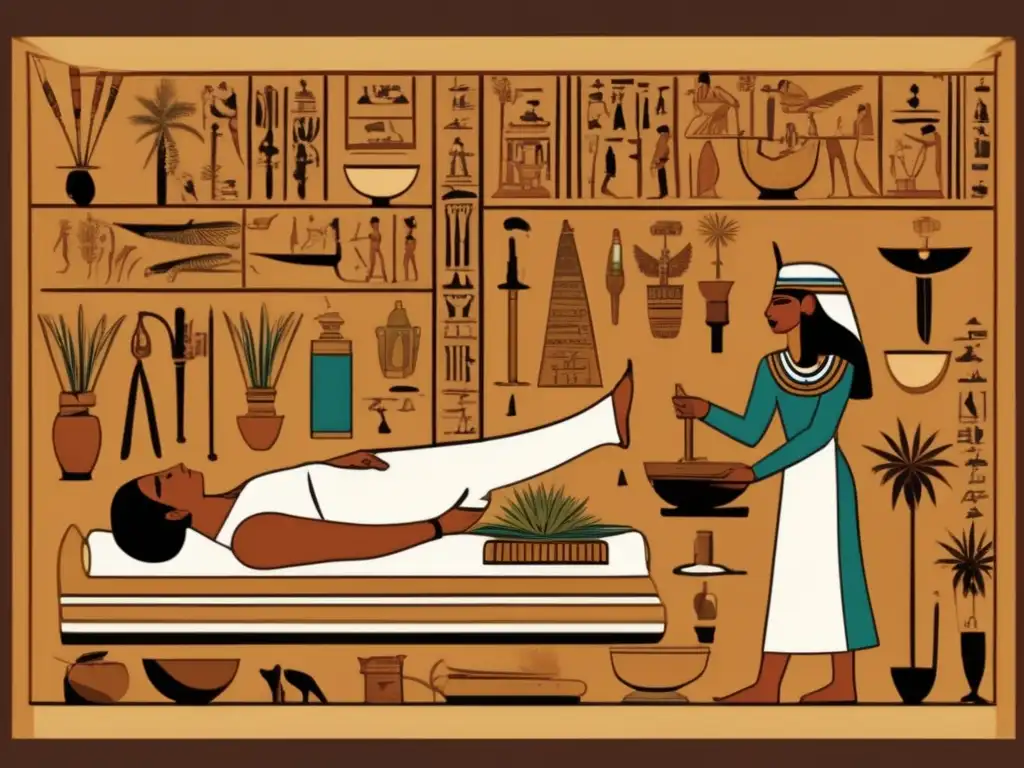 Un ilustración vintage muestra un antiguo médico egipcio realizando un ritual de sanación en una cámara iluminada con hieroglíficos y tallas