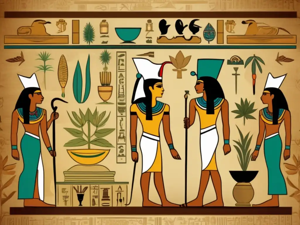 Un antiguo médico egipcio, rodeado de símbolos místicos y estatuas de dioses, sostiene un pergamino con ilustraciones de plantas medicinales