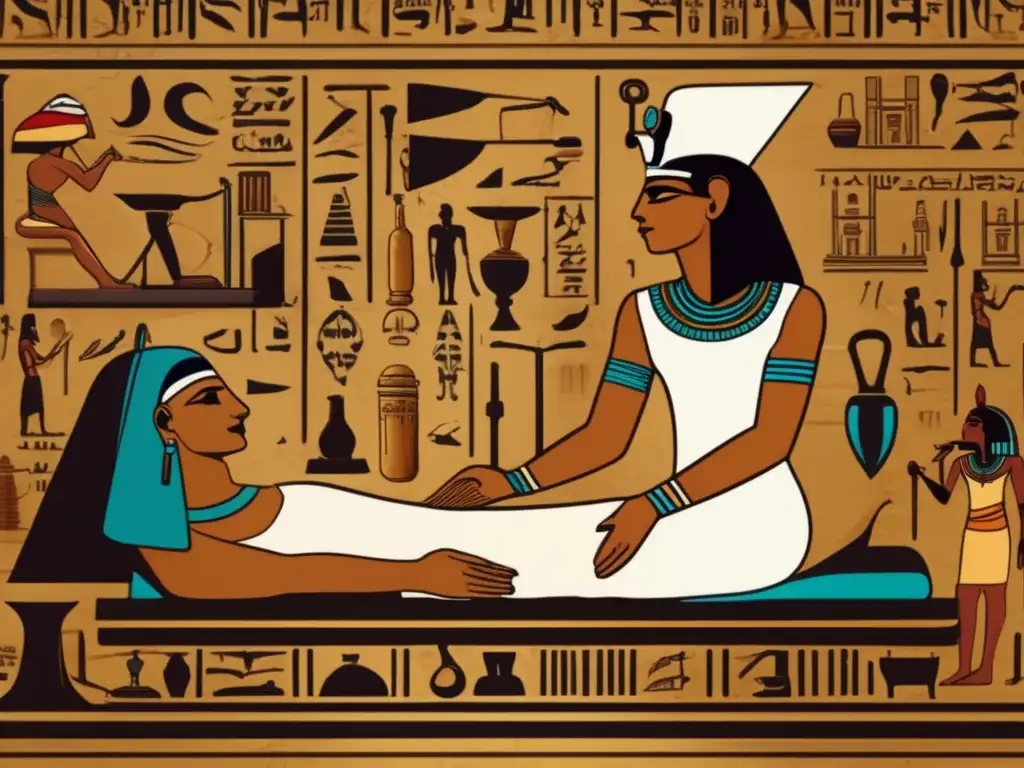 Un antiguo médico egipcio realiza tratamiento de enfermedades en Egipto en una habitación iluminada con inscripciones jeroglíficas