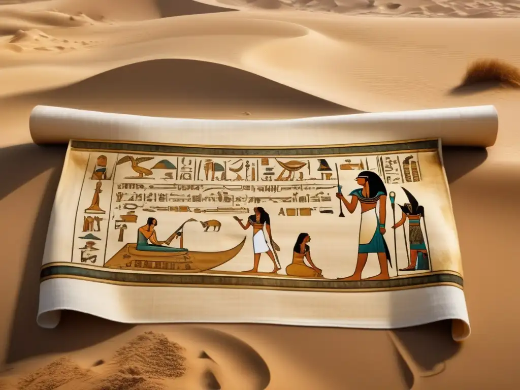 En un antiguo Egipto, un médico examina a un paciente angustiado en una sala llena de remedios herbarios y misterio