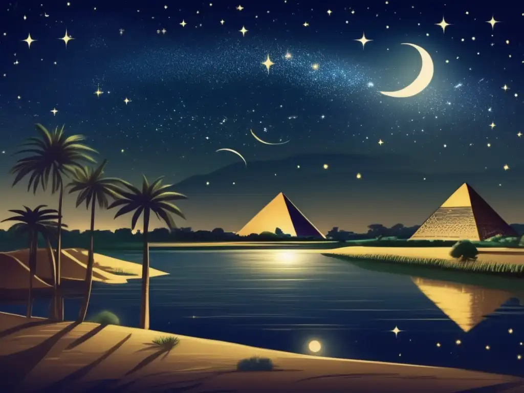 Un antiguo paisaje muestra el río Nilo bajo un cielo estrellado