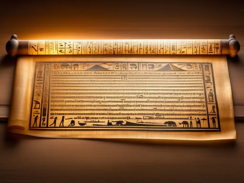 Un antiguo papiro de administración faraónica en una mesa de madera, iluminado por una tenue luz que resalta los jeroglíficos y detalles