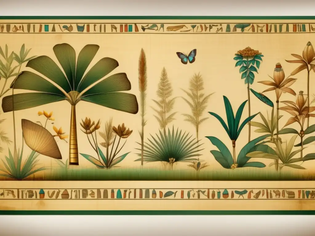 Un antiguo papiro botánico egipcio faraónico, desplegado con delicadeza y adornado con ilustraciones botánicas intrincadas