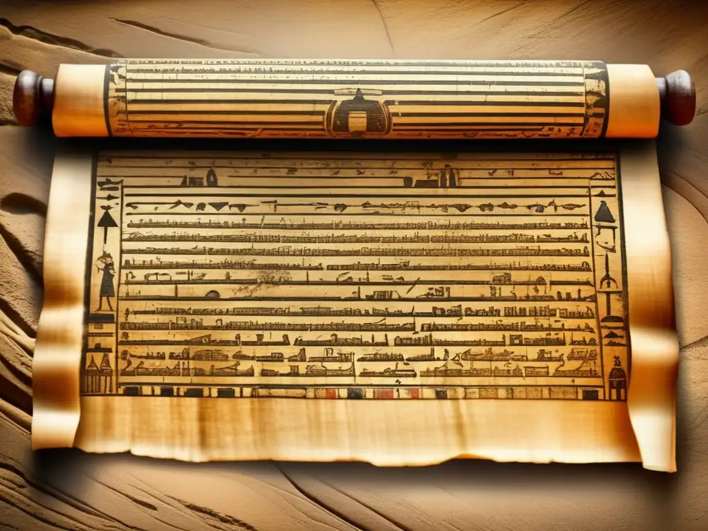 Un antiguo papiro exquisitamente decorado reposa sobre una superficie de piedra envejecida