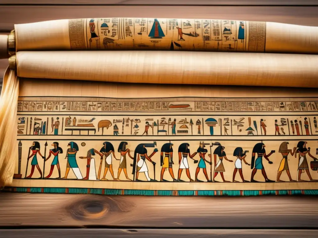 Un antiguo papiro desplegado sobre una mesa de madera desgastada muestra detalles intrincados de la vida cotidiana en Luxor