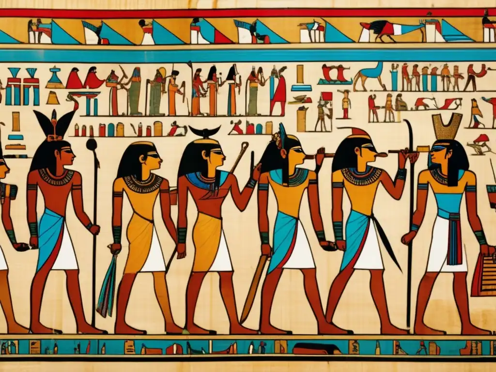 Un antiguo papiro egipcio, magníficamente conservado con jeroglíficos intrincados, muestra revueltas internas desafíos faraones