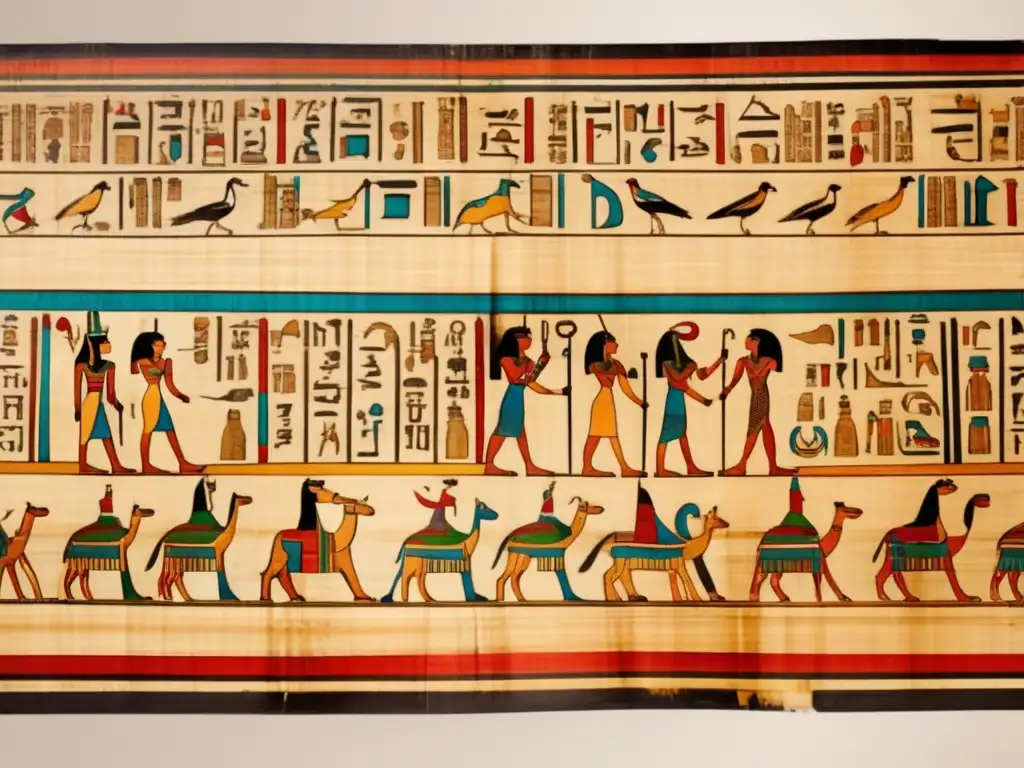 Un antiguo papiro egipcio desenrollado y preservado con esmero, revelando la reconstrucción de la lengua egipcia antigua en intrincadas jeroglíficos