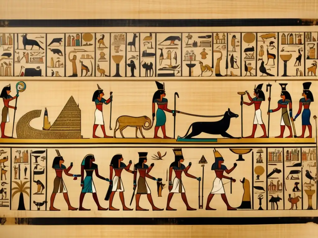 Un antiguo papiro egipcio desenrollado y preservado con cuidado, muestra la sabiduría ancestral del Antiguo Egipto en ilustraciones y jeroglíficos