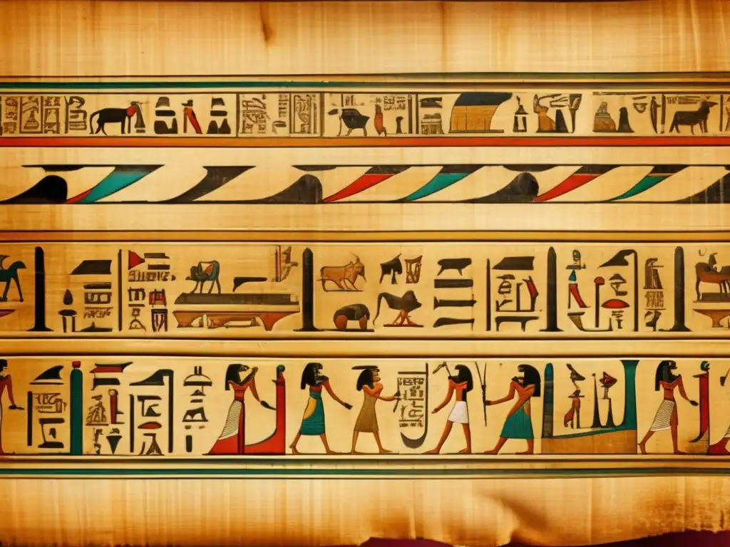 Un antiguo papiro egipcio desenrollado, revelando inscripciones de jeroglíficos intrincados
