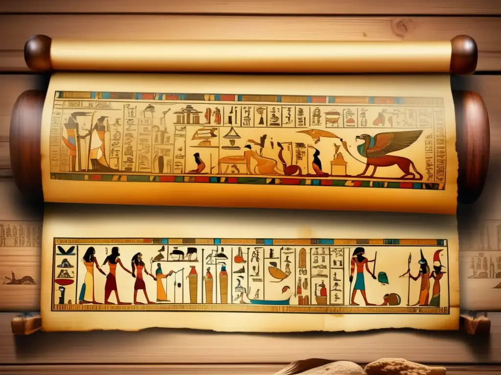 Un antiguo papiro egipcio desenrollado en una mesa de madera, exhibiendo bellas ilustraciones y jeroglíficos